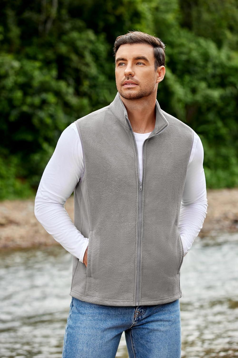 imageCOOFANDY Mens Polar Fleece Vest Lightweight Sleeveless Jacket Warm Zip up Outerwear Vests with Zipper Pockets for HikingLight Grey