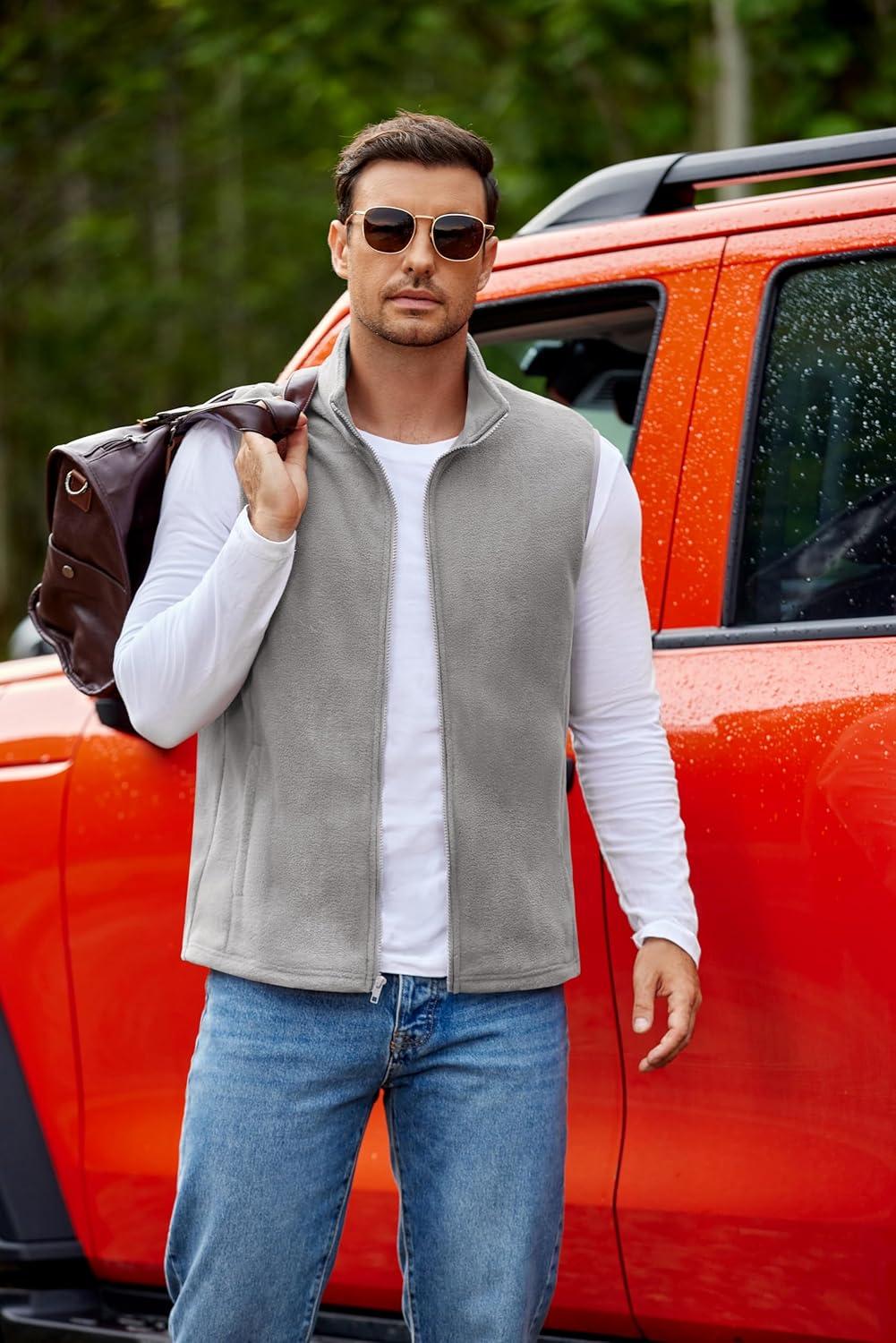 imageCOOFANDY Mens Polar Fleece Vest Lightweight Sleeveless Jacket Warm Zip up Outerwear Vests with Zipper Pockets for HikingLight Grey