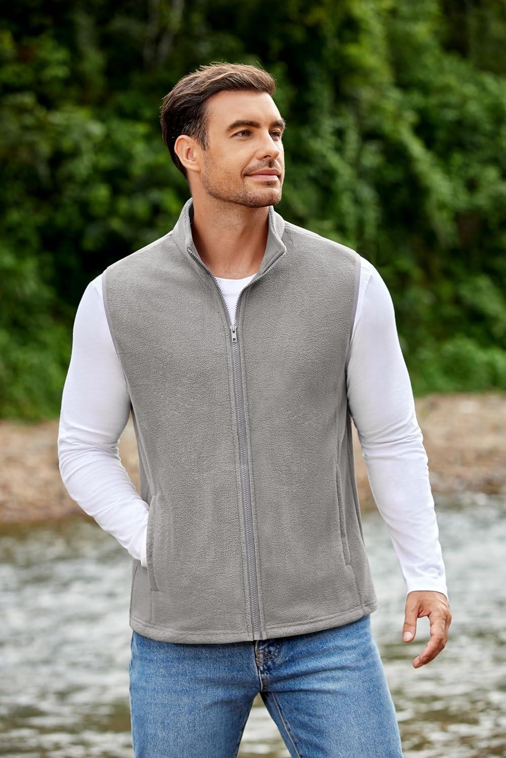 imageCOOFANDY Mens Polar Fleece Vest Lightweight Sleeveless Jacket Warm Zip up Outerwear Vests with Zipper Pockets for HikingLight Grey