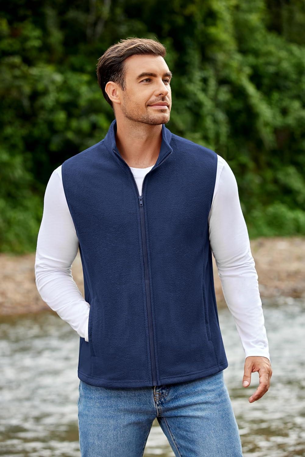 imageCOOFANDY Mens Polar Fleece Vest Lightweight Sleeveless Jacket Warm Zip up Outerwear Vests with Zipper Pockets for HikingNavy