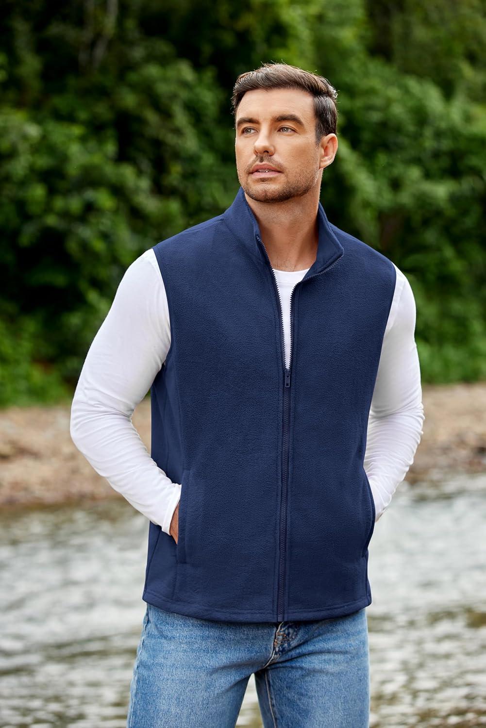 imageCOOFANDY Mens Polar Fleece Vest Lightweight Sleeveless Jacket Warm Zip up Outerwear Vests with Zipper Pockets for HikingNavy