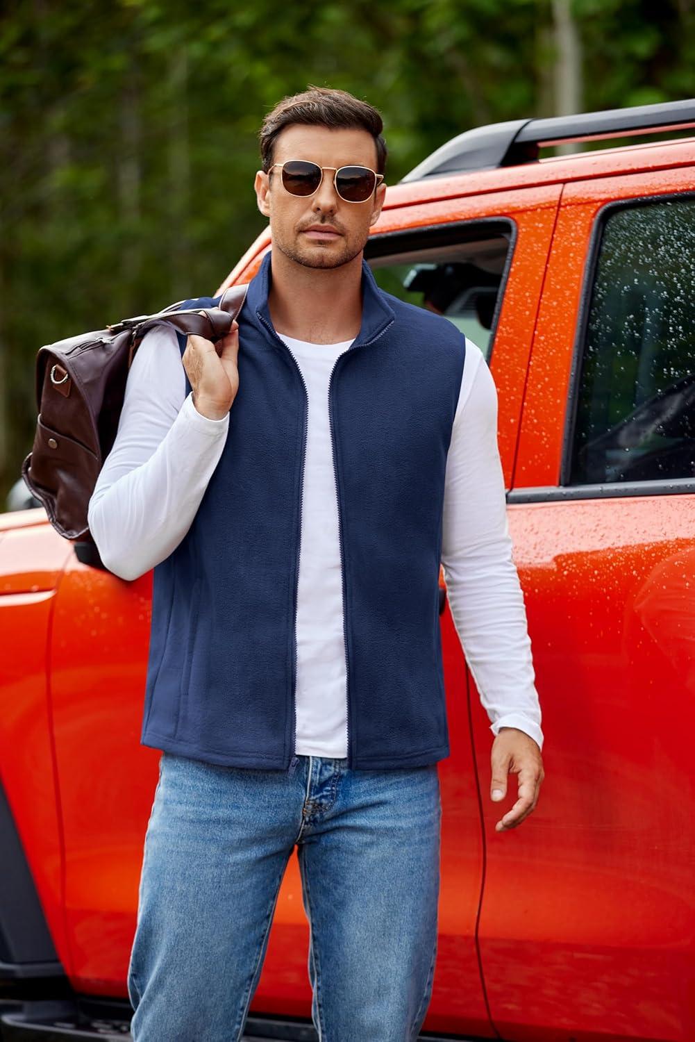 imageCOOFANDY Mens Polar Fleece Vest Lightweight Sleeveless Jacket Warm Zip up Outerwear Vests with Zipper Pockets for HikingNavy