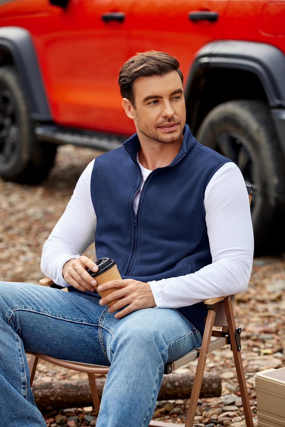 imageCOOFANDY Mens Polar Fleece Vest Lightweight Sleeveless Jacket Warm Zip up Outerwear Vests with Zipper Pockets for HikingNavy
