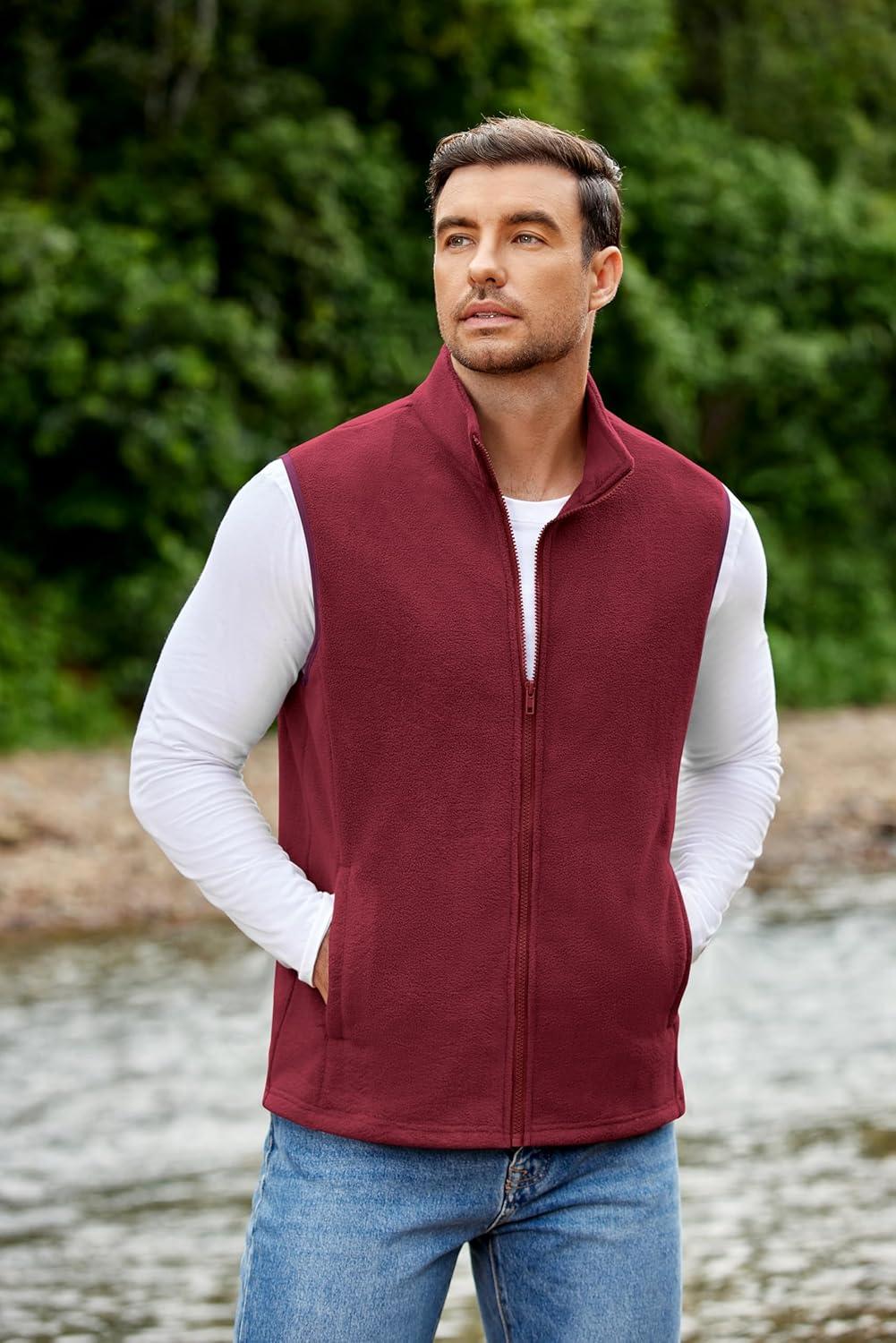 imageCOOFANDY Mens Polar Fleece Vest Lightweight Sleeveless Jacket Warm Zip up Outerwear Vests with Zipper Pockets for HikingWine Red