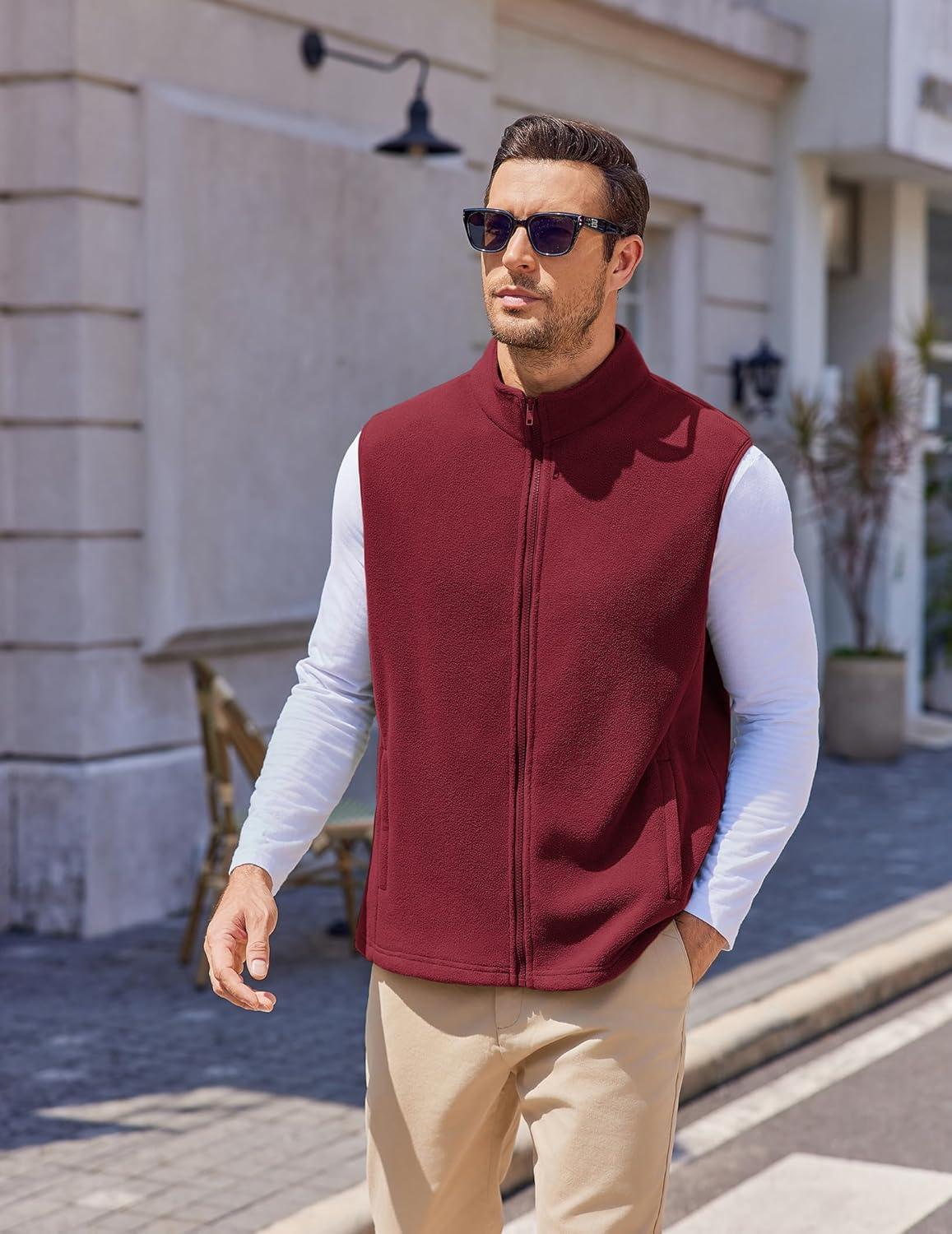imageCOOFANDY Mens Polar Fleece Vest Lightweight Sleeveless Jacket Warm Zip up Outerwear Vests with Zipper Pockets for HikingWine Red