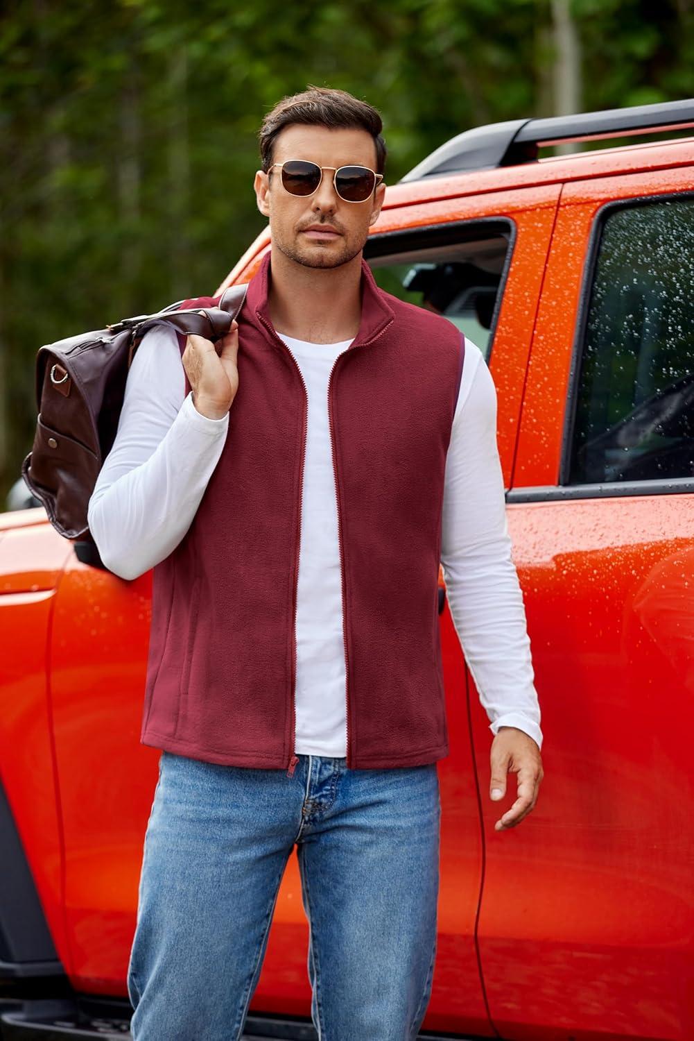 imageCOOFANDY Mens Polar Fleece Vest Lightweight Sleeveless Jacket Warm Zip up Outerwear Vests with Zipper Pockets for HikingWine Red