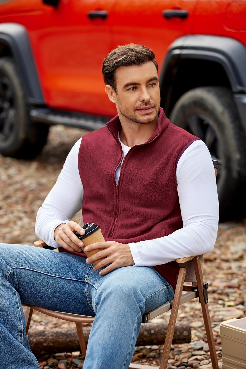 imageCOOFANDY Mens Polar Fleece Vest Lightweight Sleeveless Jacket Warm Zip up Outerwear Vests with Zipper Pockets for HikingWine Red