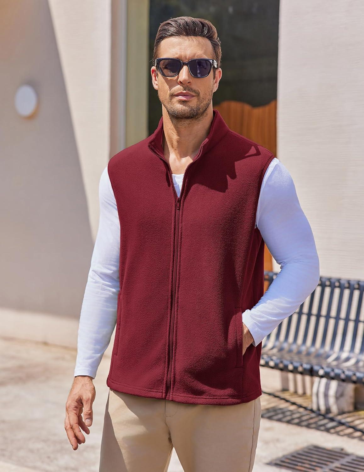imageCOOFANDY Mens Polar Fleece Vest Lightweight Sleeveless Jacket Warm Zip up Outerwear Vests with Zipper Pockets for HikingWine Red