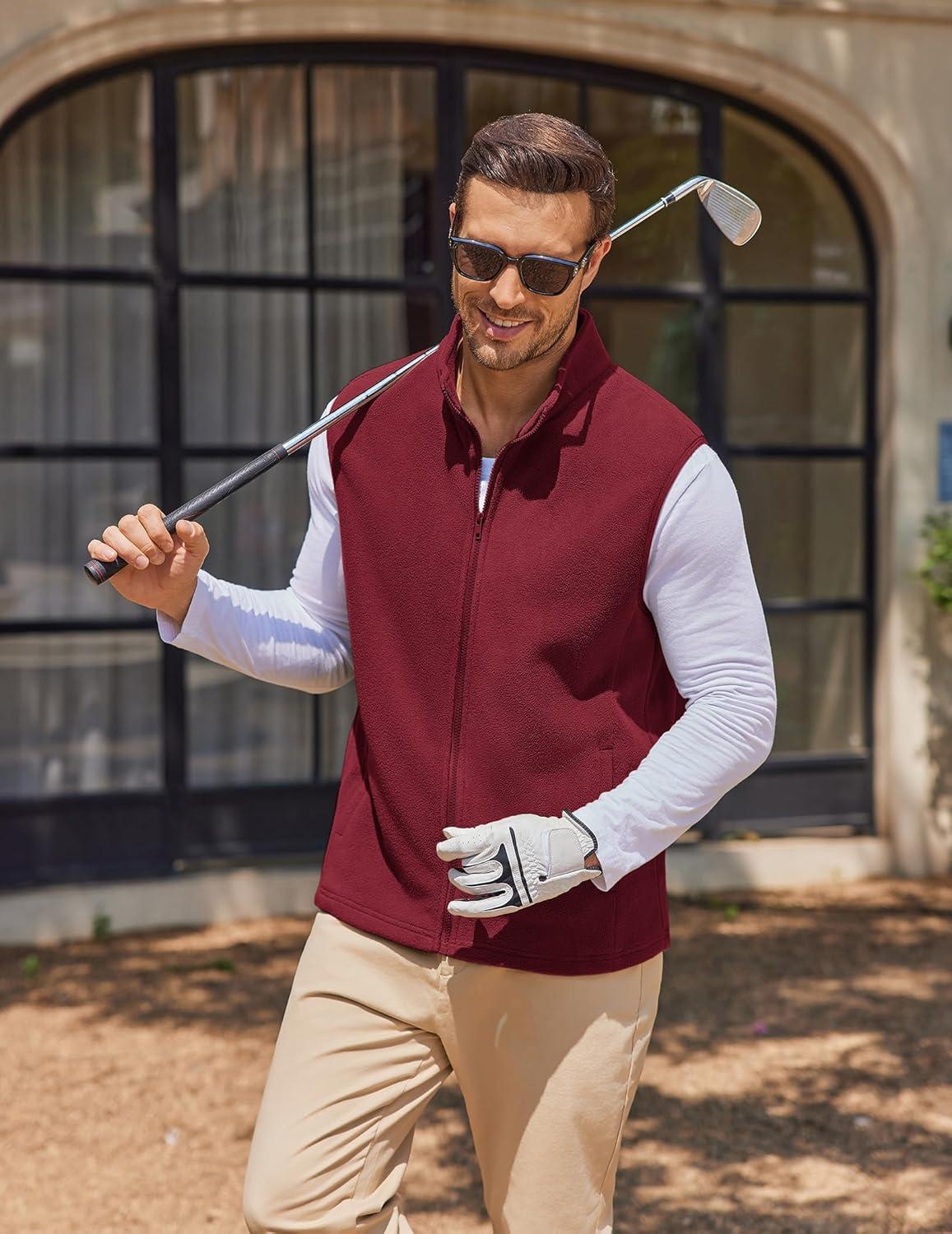 imageCOOFANDY Mens Polar Fleece Vest Lightweight Sleeveless Jacket Warm Zip up Outerwear Vests with Zipper Pockets for HikingWine Red