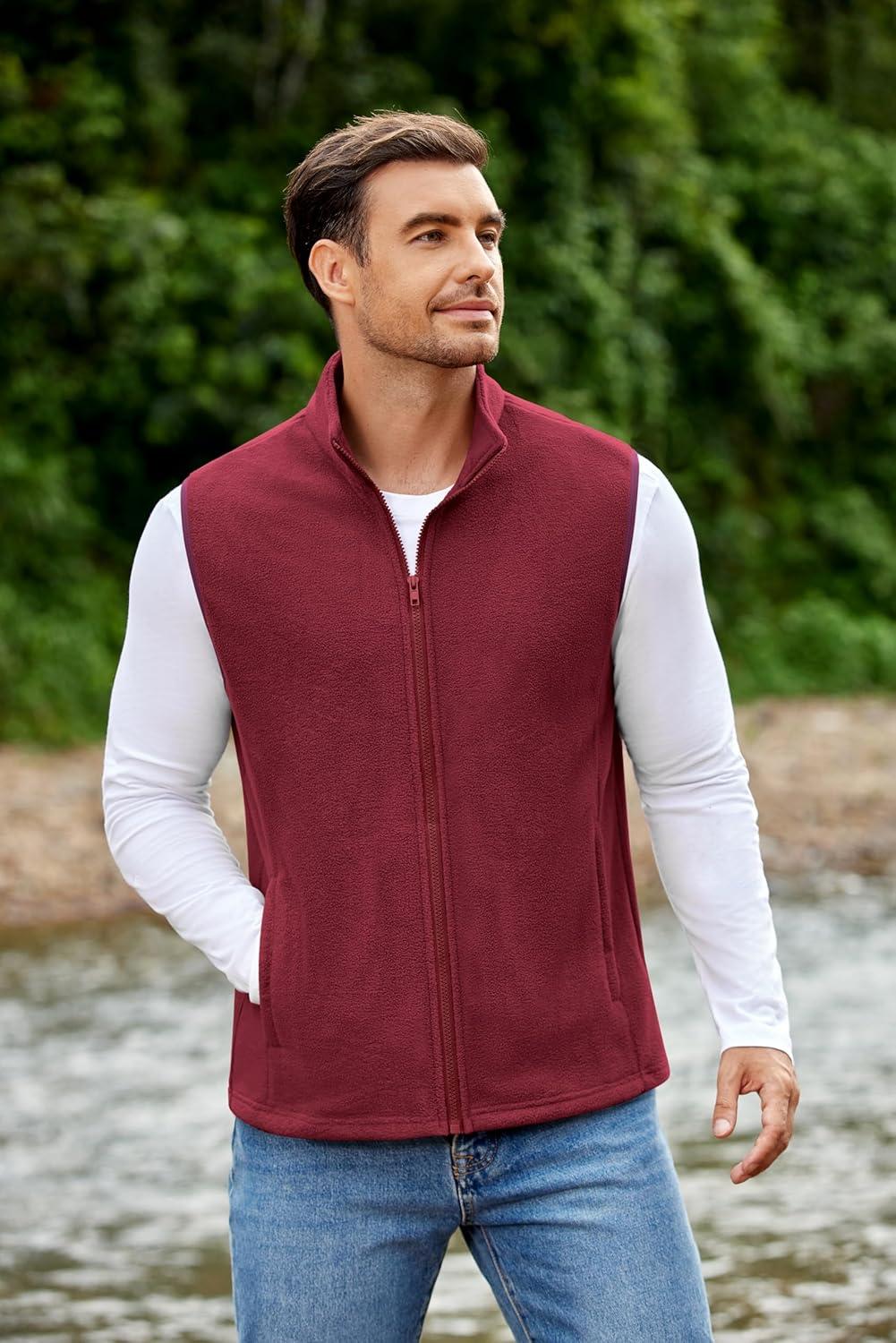 imageCOOFANDY Mens Polar Fleece Vest Lightweight Sleeveless Jacket Warm Zip up Outerwear Vests with Zipper Pockets for HikingWine Red