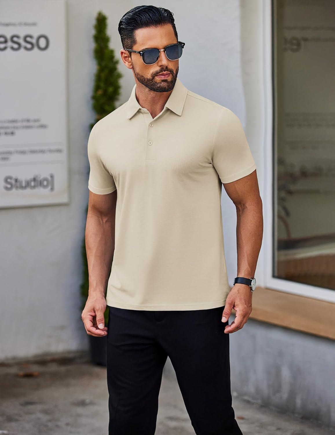 imageCOOFANDY Mens Polo Shirts Short Sleeve Slim Fit Casual Solid Basic Golf Shirt Collared TShirtLight Khaki