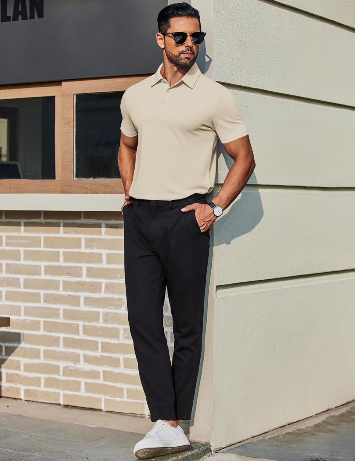 imageCOOFANDY Mens Polo Shirts Short Sleeve Slim Fit Casual Solid Basic Golf Shirt Collared TShirtLight Khaki