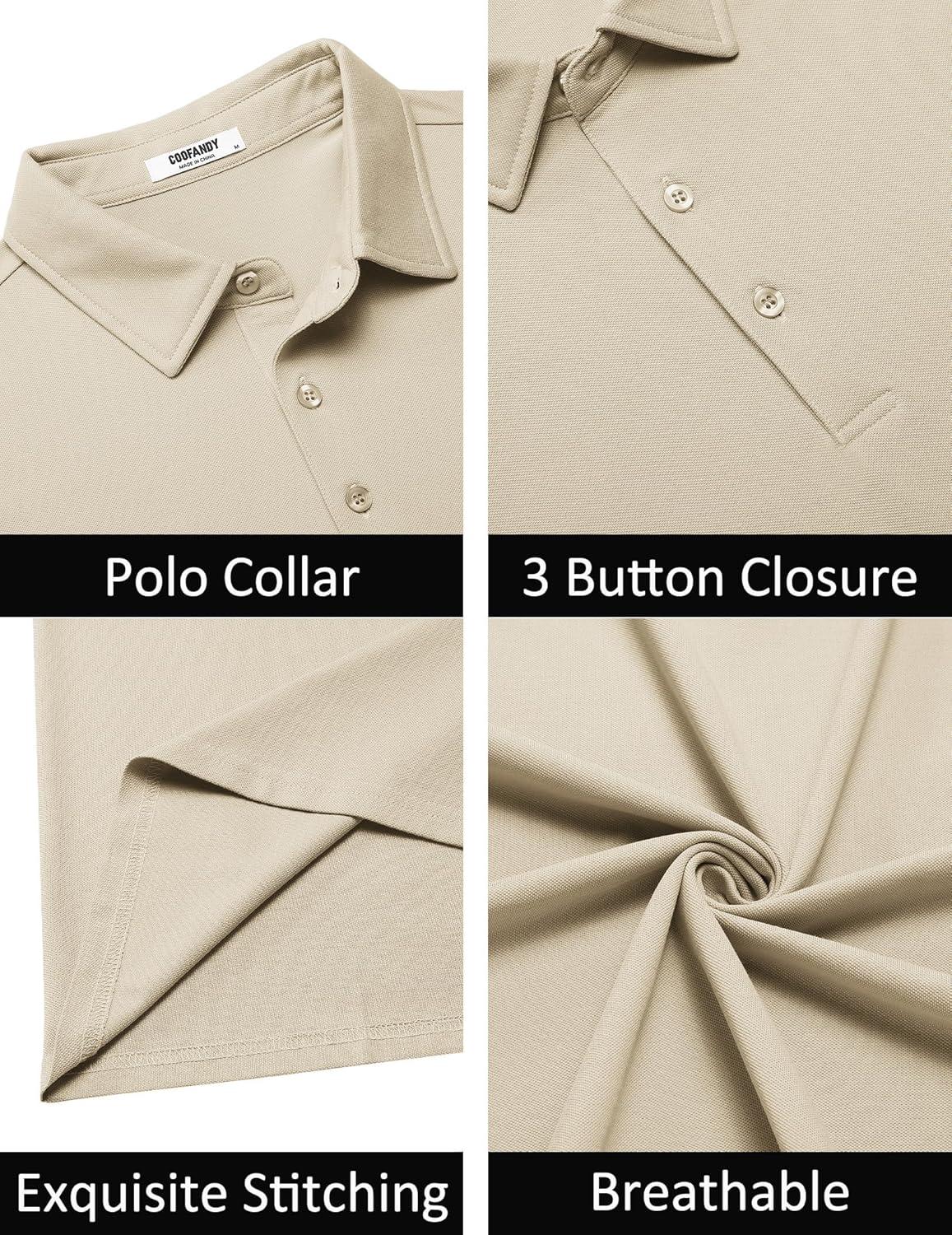 imageCOOFANDY Mens Polo Shirts Short Sleeve Slim Fit Casual Solid Basic Golf Shirt Collared TShirtLight Khaki