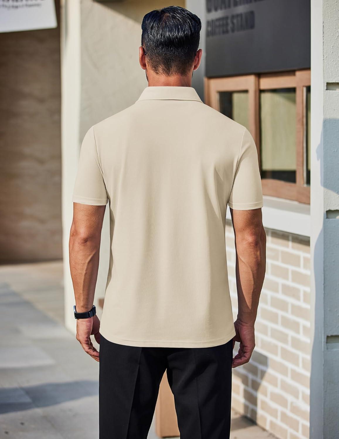 imageCOOFANDY Mens Polo Shirts Short Sleeve Slim Fit Casual Solid Basic Golf Shirt Collared TShirtLight Khaki