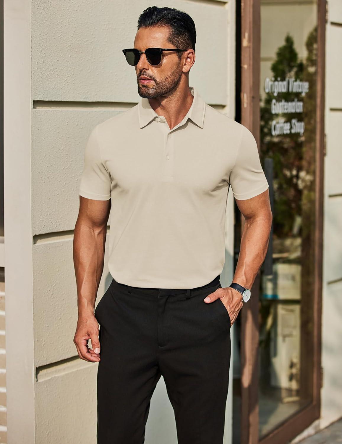 imageCOOFANDY Mens Polo Shirts Short Sleeve Slim Fit Casual Solid Basic Golf Shirt Collared TShirtLight Khaki