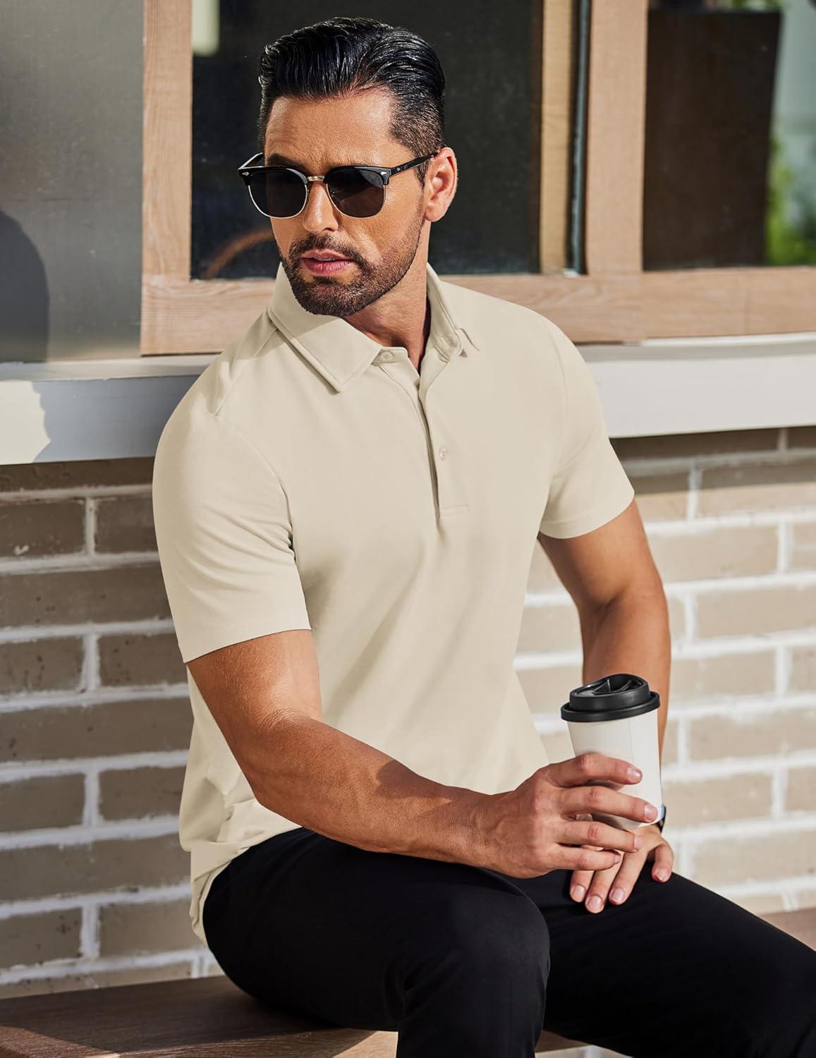 imageCOOFANDY Mens Polo Shirts Short Sleeve Slim Fit Casual Solid Basic Golf Shirt Collared TShirtLight Khaki