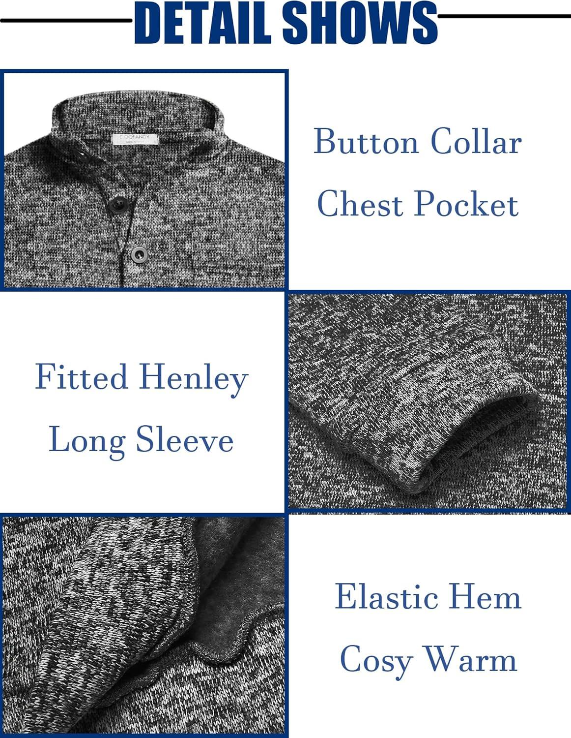 imageCOOFANDY Mens Quarter Button Henley Sweater Casual Knitted Sweatshirt Mock Neck Thermal Fleece Pullover Sweater with PocketBlack and White