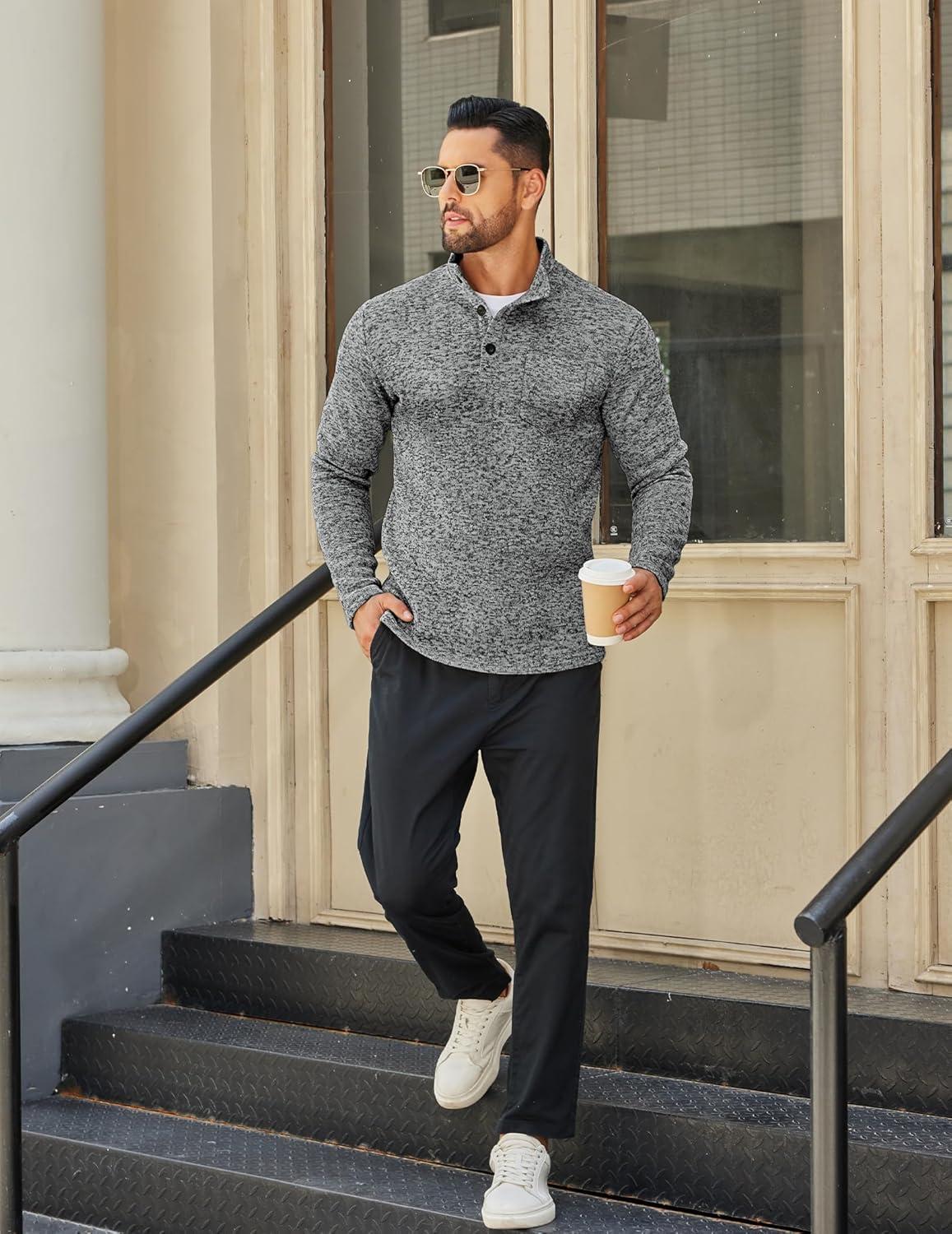 imageCOOFANDY Mens Quarter Button Henley Sweater Casual Knitted Sweatshirt Mock Neck Thermal Fleece Pullover Sweater with PocketBlack and White