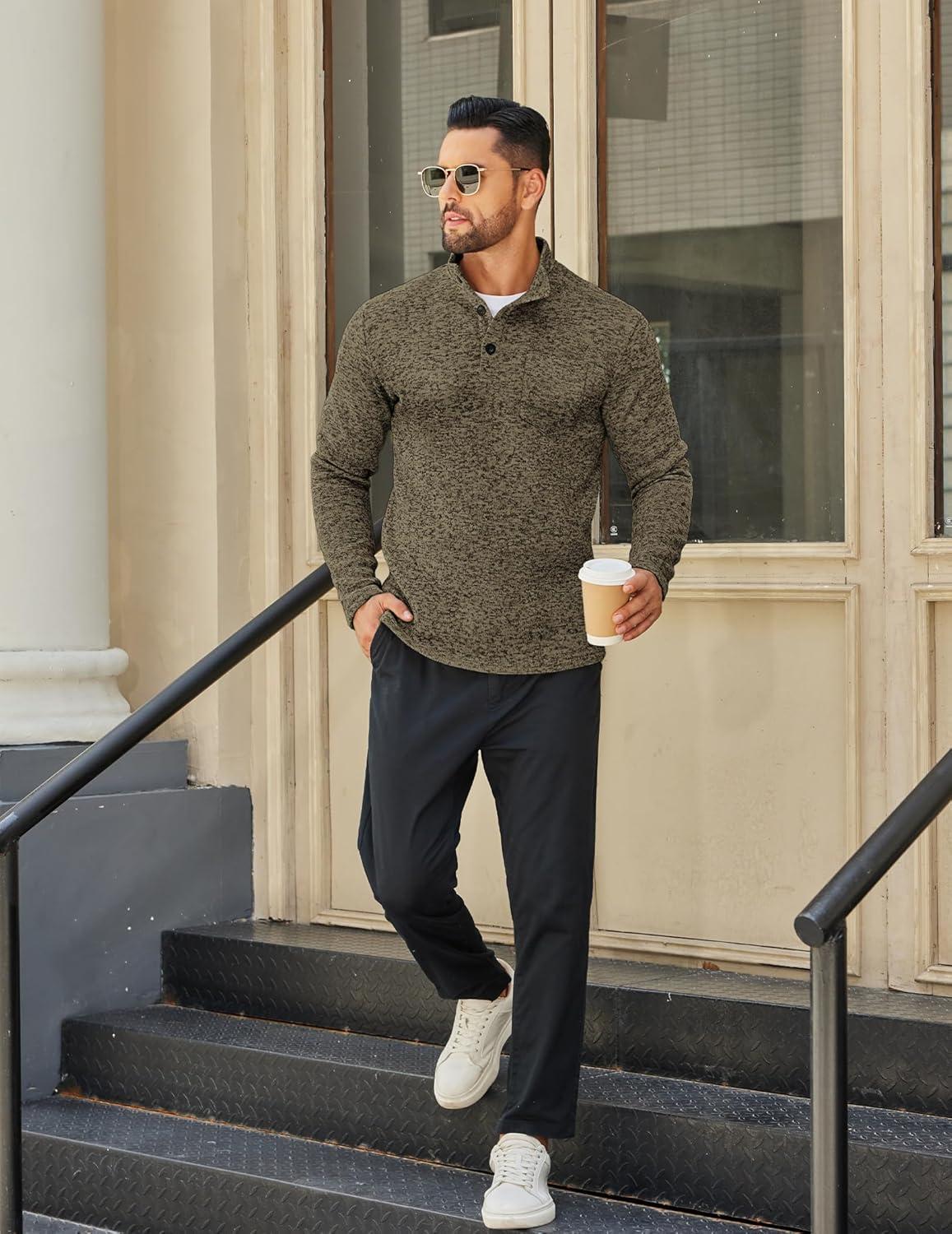imageCOOFANDY Mens Quarter Button Henley Sweater Casual Knitted Sweatshirt Mock Neck Thermal Fleece Pullover Sweater with PocketCoffee