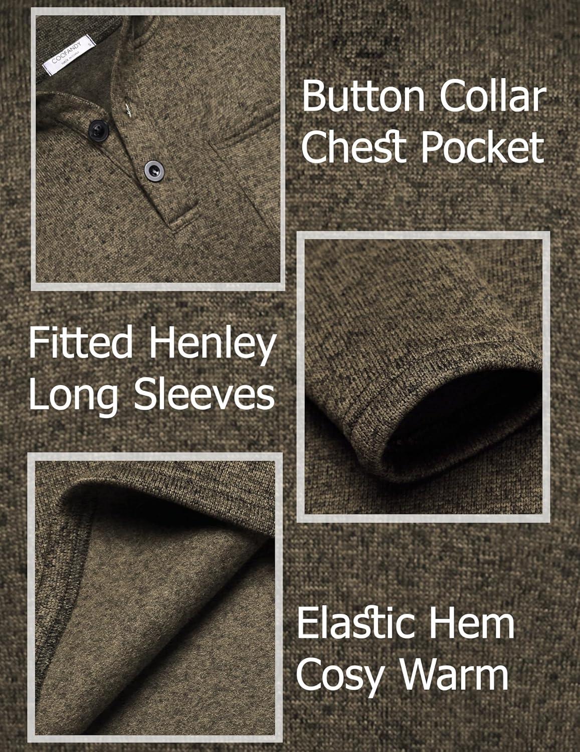 imageCOOFANDY Mens Quarter Button Henley Sweater Casual Knitted Sweatshirt Mock Neck Thermal Fleece Pullover Sweater with PocketCoffee
