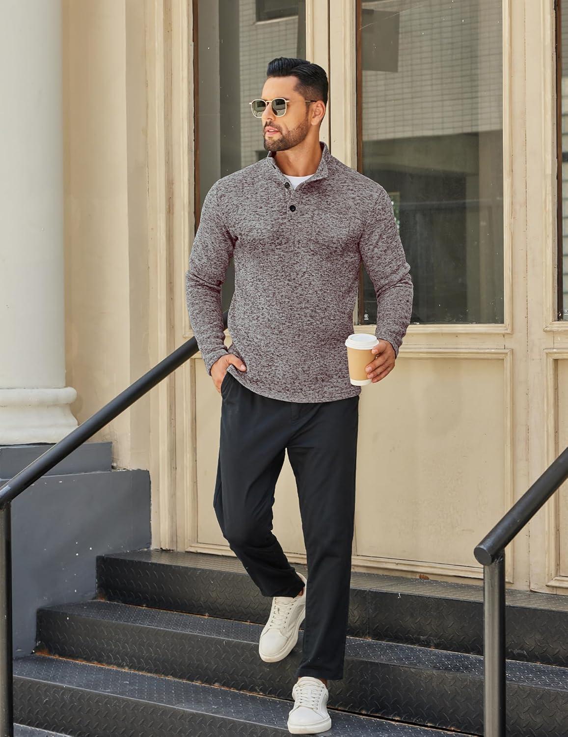 imageCOOFANDY Mens Quarter Button Henley Sweater Casual Knitted Sweatshirt Mock Neck Thermal Fleece Pullover Sweater with PocketCoffee and White