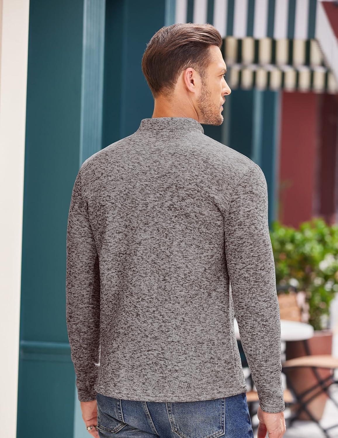 imageCOOFANDY Mens Quarter Button Henley Sweater Casual Knitted Sweatshirt Mock Neck Thermal Fleece Pullover Sweater with PocketCoffee and White