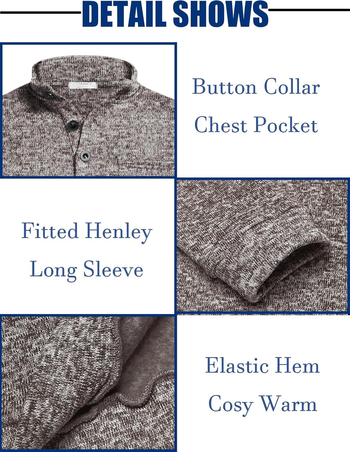 imageCOOFANDY Mens Quarter Button Henley Sweater Casual Knitted Sweatshirt Mock Neck Thermal Fleece Pullover Sweater with PocketCoffee and White