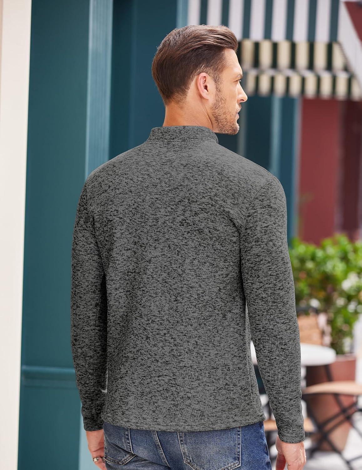 imageCOOFANDY Mens Quarter Button Henley Sweater Casual Knitted Sweatshirt Mock Neck Thermal Fleece Pullover Sweater with PocketDark Grey