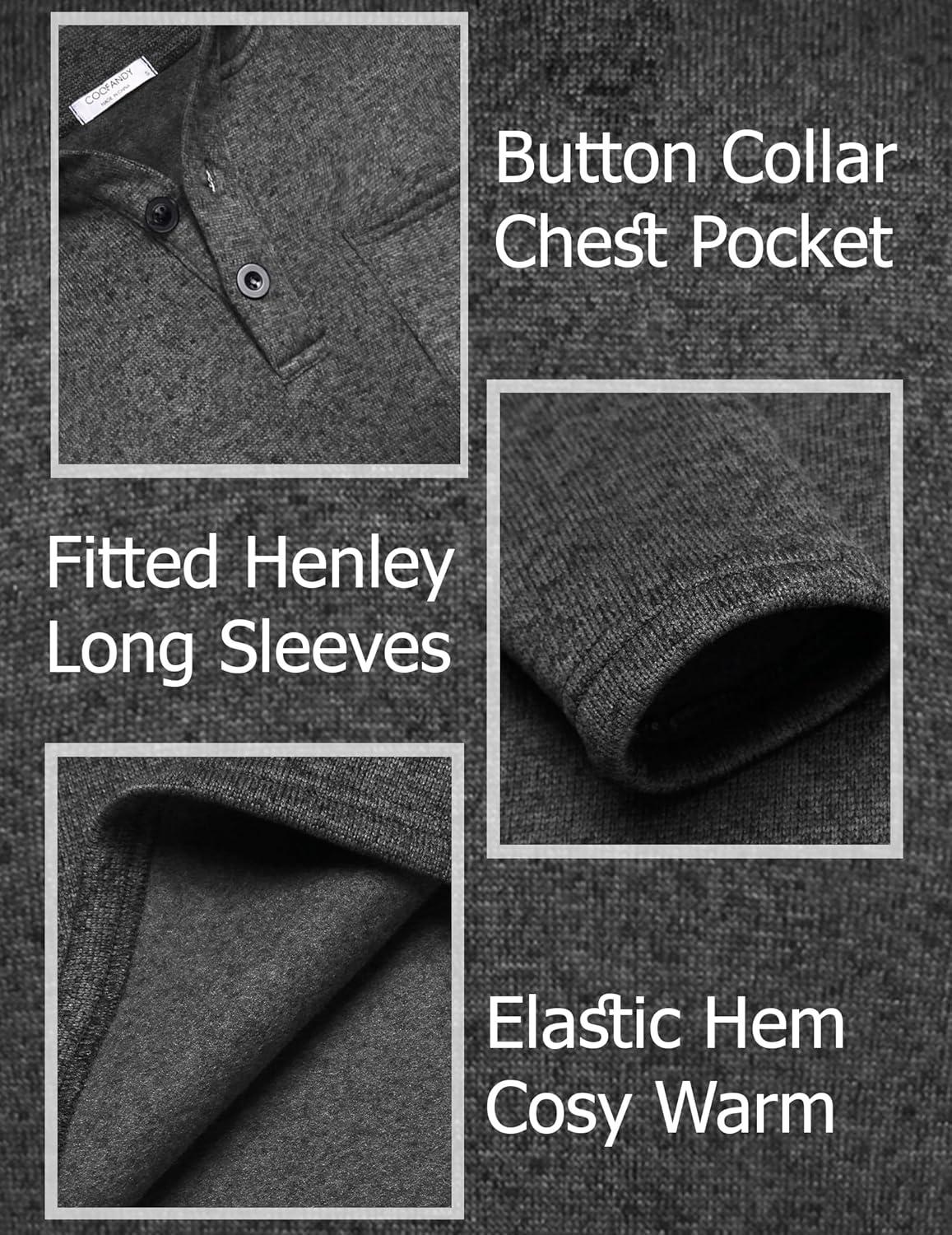 imageCOOFANDY Mens Quarter Button Henley Sweater Casual Knitted Sweatshirt Mock Neck Thermal Fleece Pullover Sweater with PocketDark Grey