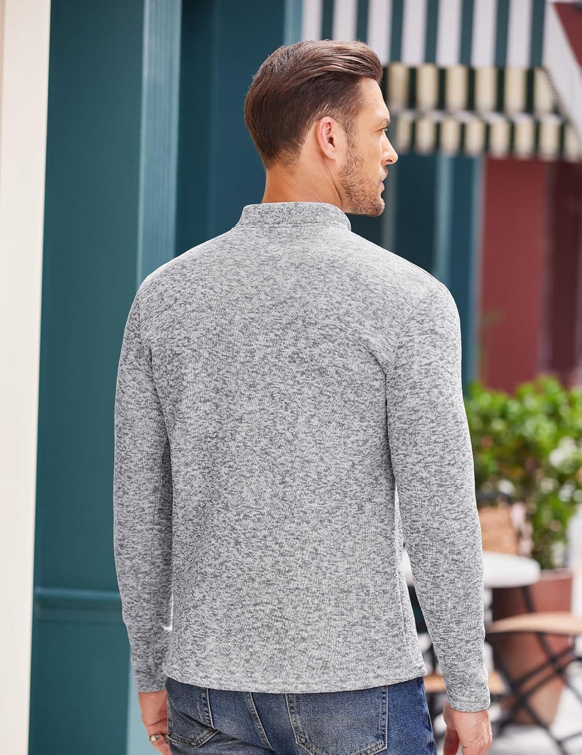 imageCOOFANDY Mens Quarter Button Henley Sweater Casual Knitted Sweatshirt Mock Neck Thermal Fleece Pullover Sweater with PocketGrey