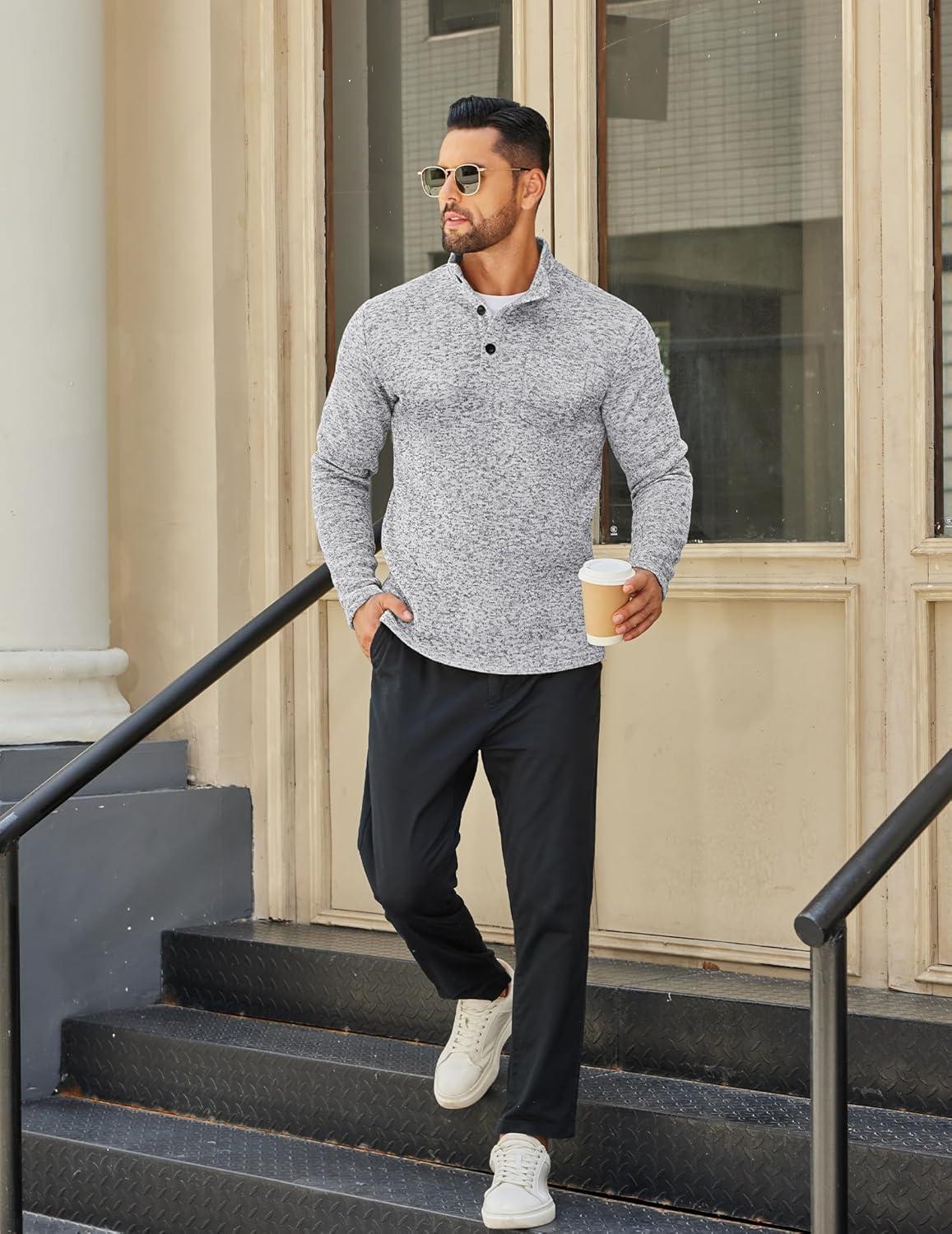 imageCOOFANDY Mens Quarter Button Henley Sweater Casual Knitted Sweatshirt Mock Neck Thermal Fleece Pullover Sweater with PocketGrey