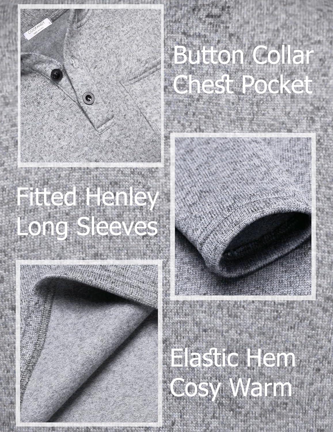 imageCOOFANDY Mens Quarter Button Henley Sweater Casual Knitted Sweatshirt Mock Neck Thermal Fleece Pullover Sweater with PocketGrey