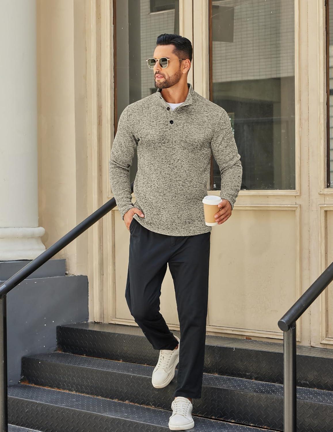 imageCOOFANDY Mens Quarter Button Henley Sweater Casual Knitted Sweatshirt Mock Neck Thermal Fleece Pullover Sweater with PocketKhaki