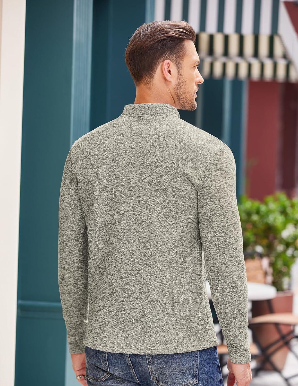 imageCOOFANDY Mens Quarter Button Henley Sweater Casual Knitted Sweatshirt Mock Neck Thermal Fleece Pullover Sweater with PocketKhaki