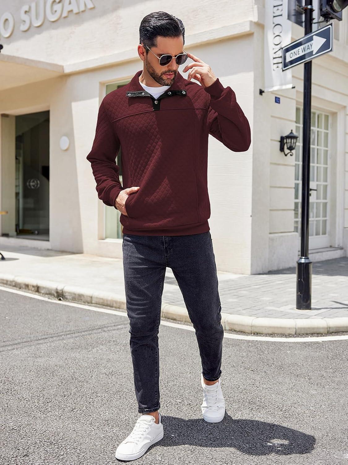 imageCOOFANDY Mens Quarter Sweatshirt Quilted Long Sleeve Mock Neck Active Sweater Waffle Pullover Polo Shirts With PocketsRed