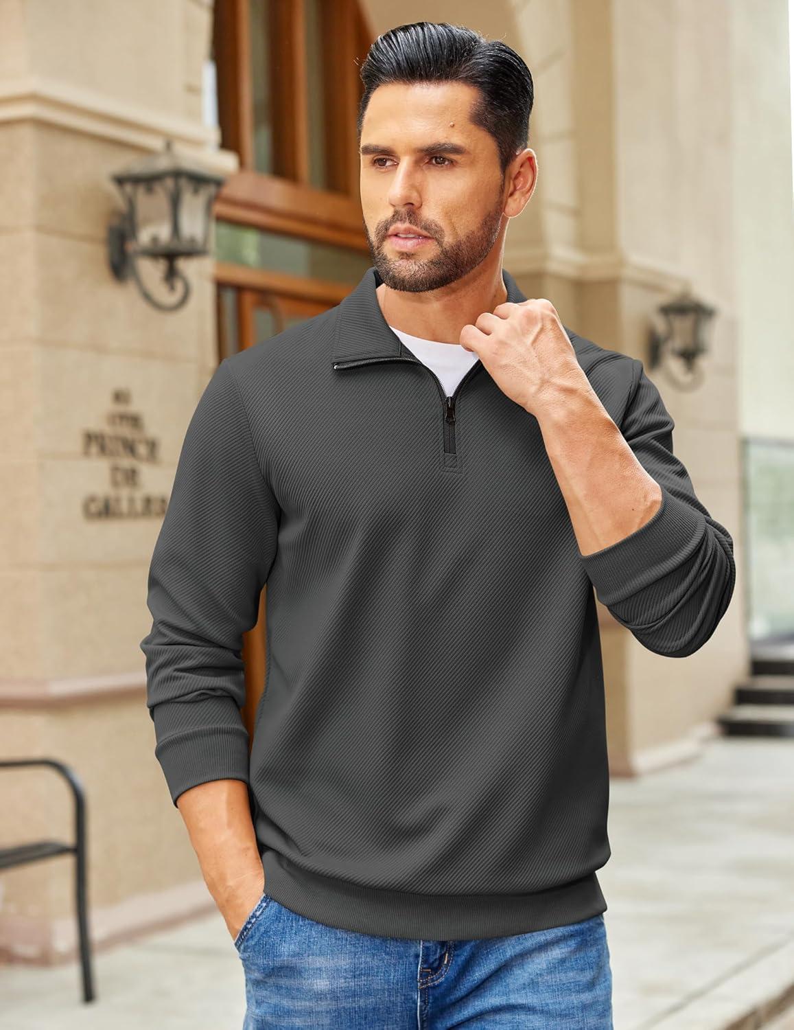 imageCOOFANDY Mens Quarter Zip Pullover Sweatshirts Lightweight Long Sleeve Mock Neck Sweater PoloDark Grey