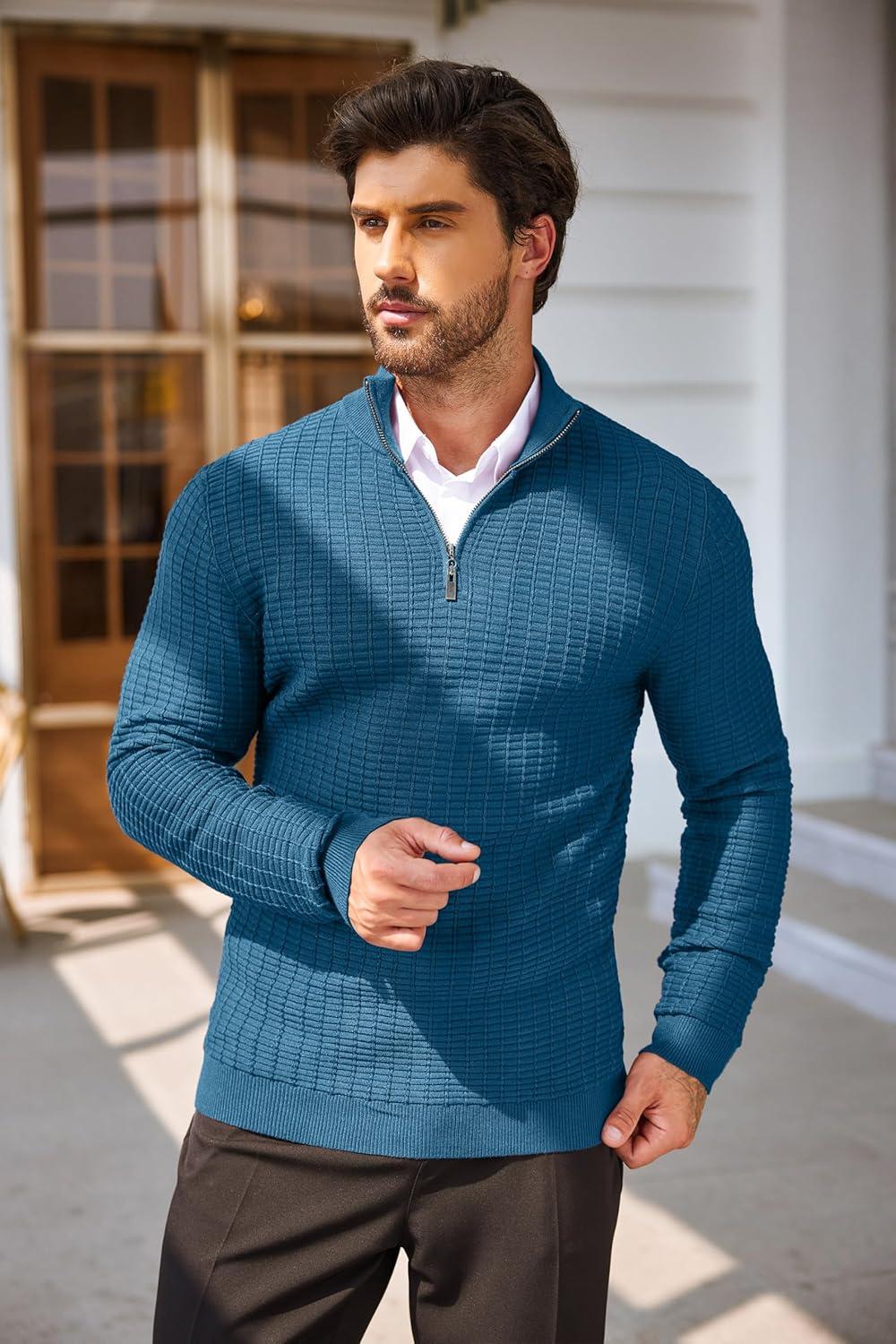 imageCOOFANDY Mens Quarter Zip Sweaters Slim Fit Lightweight Cotton Knitted Casual Mock Neck Pullover SweatersPeacock Blue
