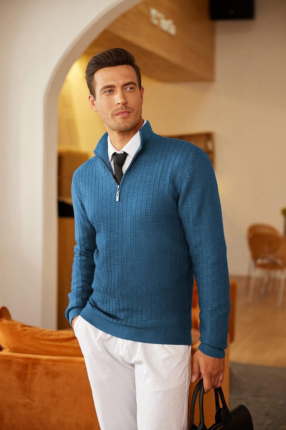 imageCOOFANDY Mens Quarter Zip Sweaters Slim Fit Lightweight Cotton Knitted Casual Mock Neck Pullover SweatersPeacock Blue