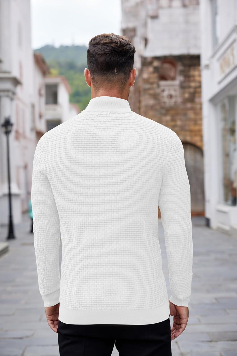 imageCOOFANDY Mens Quarter Zip Sweaters Slim Fit Lightweight Knitted Mock Neck Pullover Casual Polo SweatersWhite