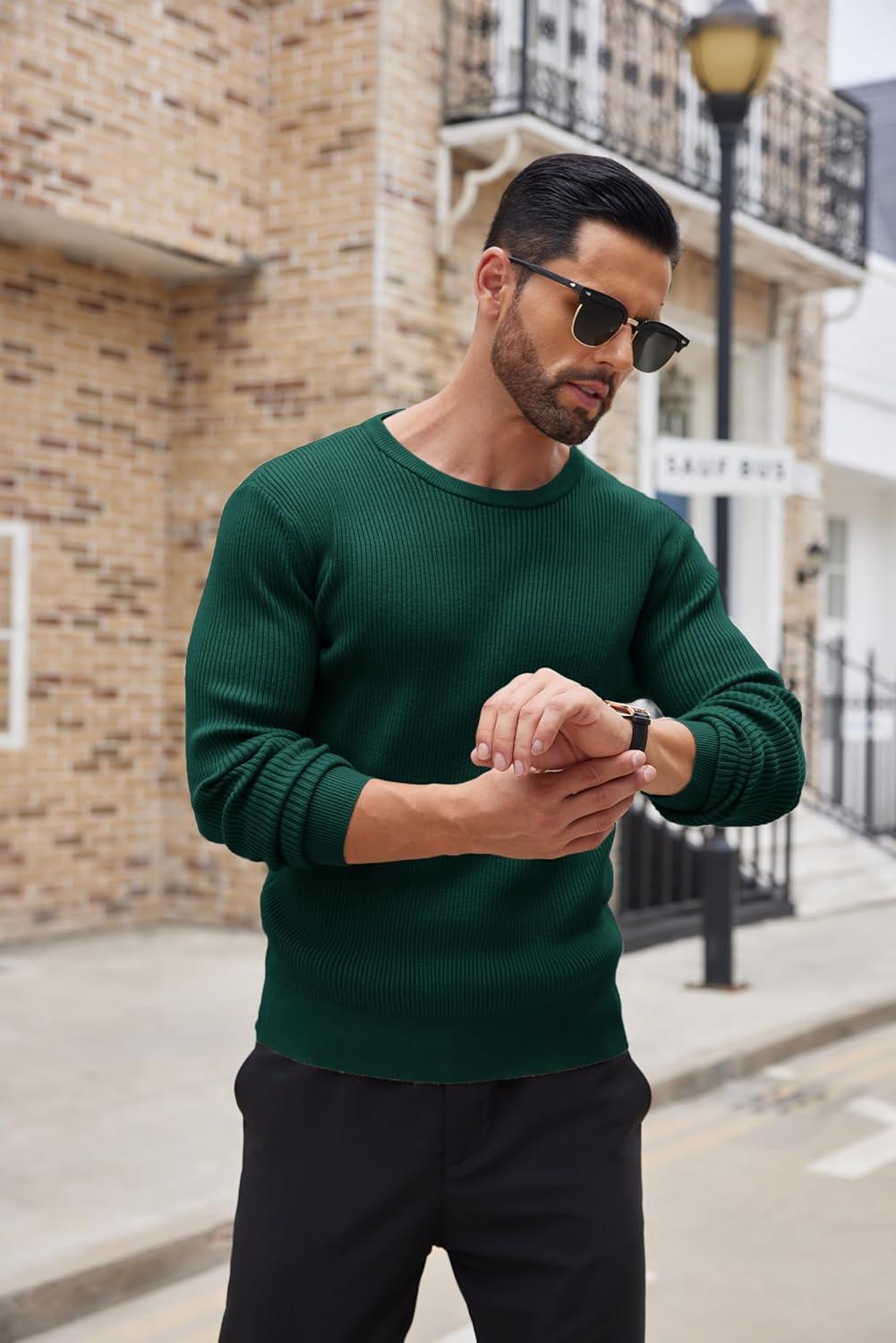 imageCOOFANDY Mens Ribbed Crewneck Sweater Long Sleeve Slim Fit Knitted Pullover SweaterGreen
