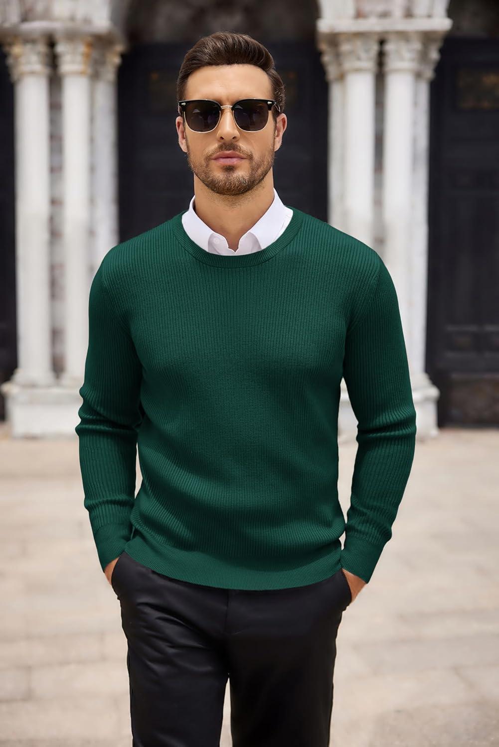 imageCOOFANDY Mens Ribbed Crewneck Sweater Long Sleeve Slim Fit Knitted Pullover SweaterGreen