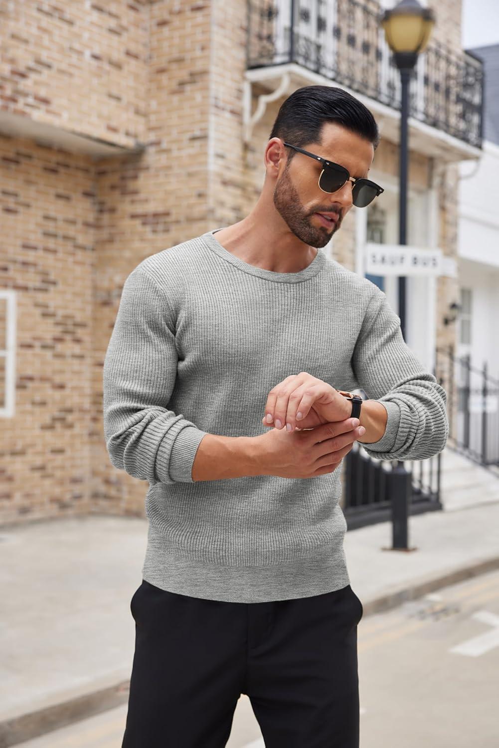 imageCOOFANDY Mens Ribbed Crewneck Sweater Long Sleeve Slim Fit Knitted Pullover SweaterLight Grey