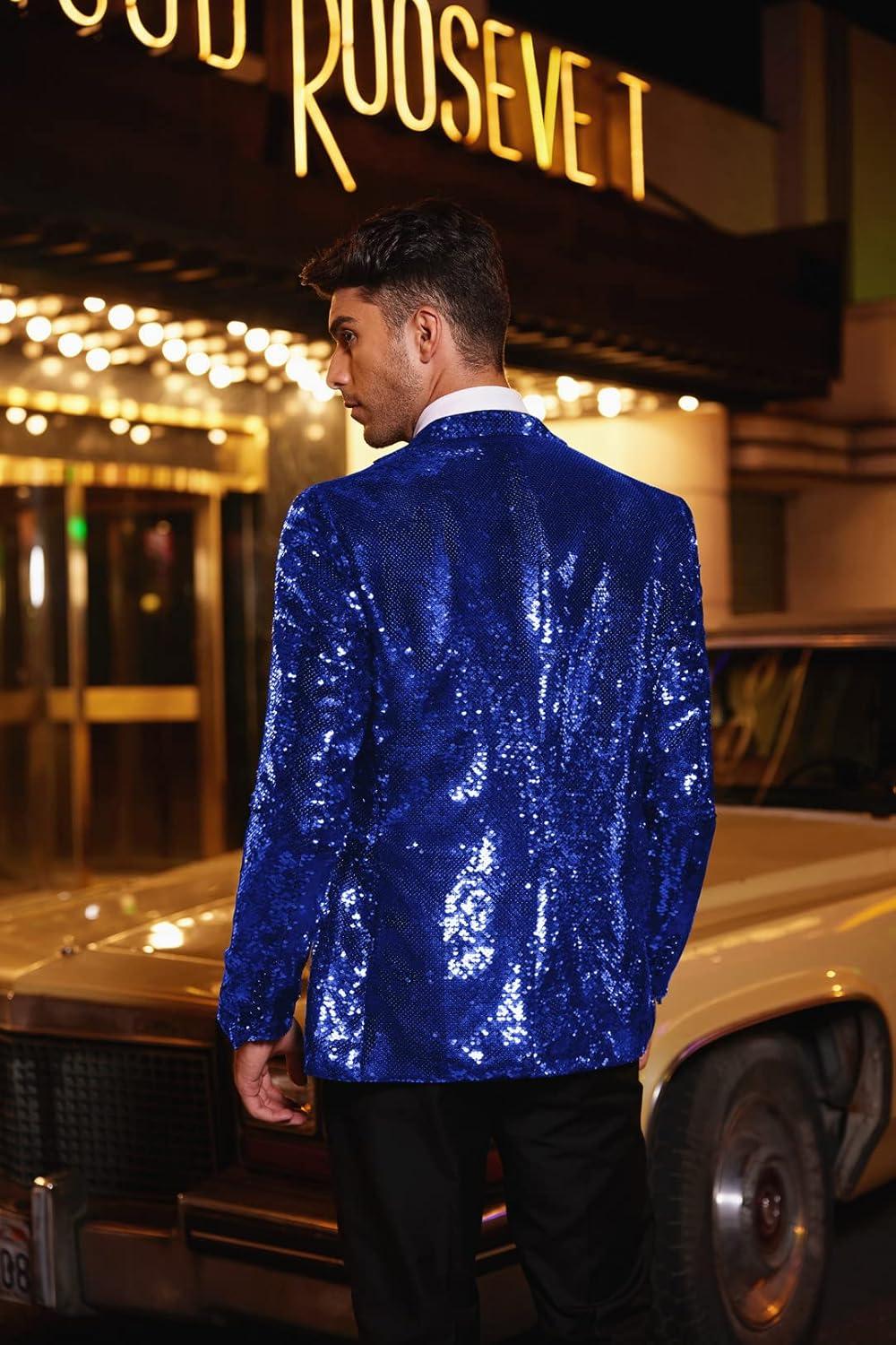 imageCOOFANDY Mens Sequin Blazer Tuxedo Party Prom Wedding Tuxedo One Button JacketNavy Blue