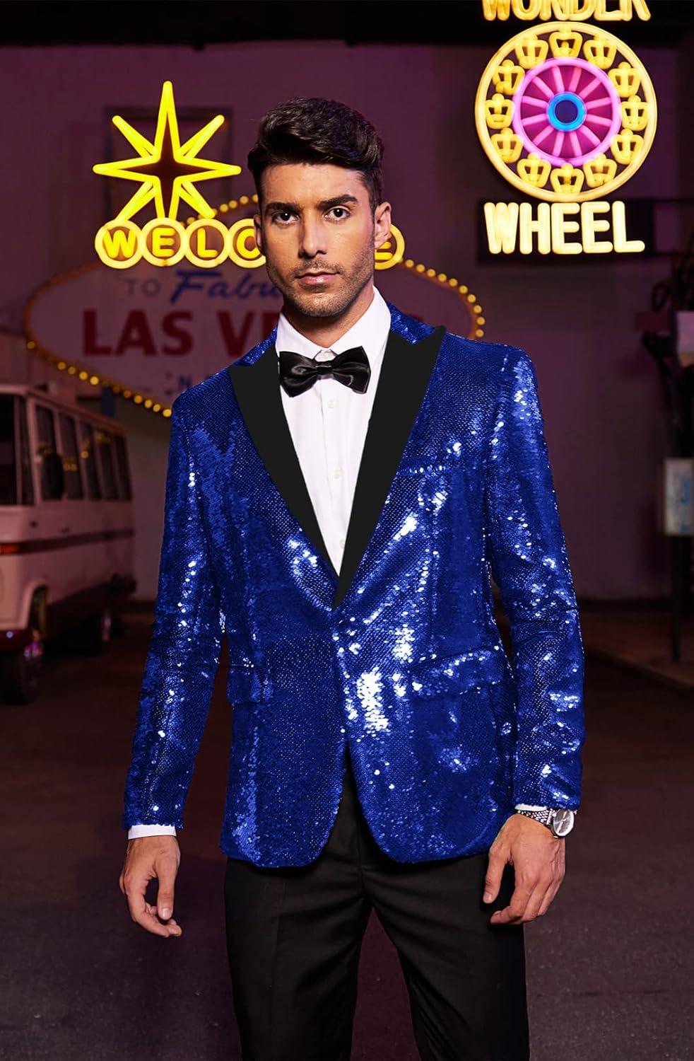 imageCOOFANDY Mens Sequin Blazer Tuxedo Party Prom Wedding Tuxedo One Button JacketNavy Blue