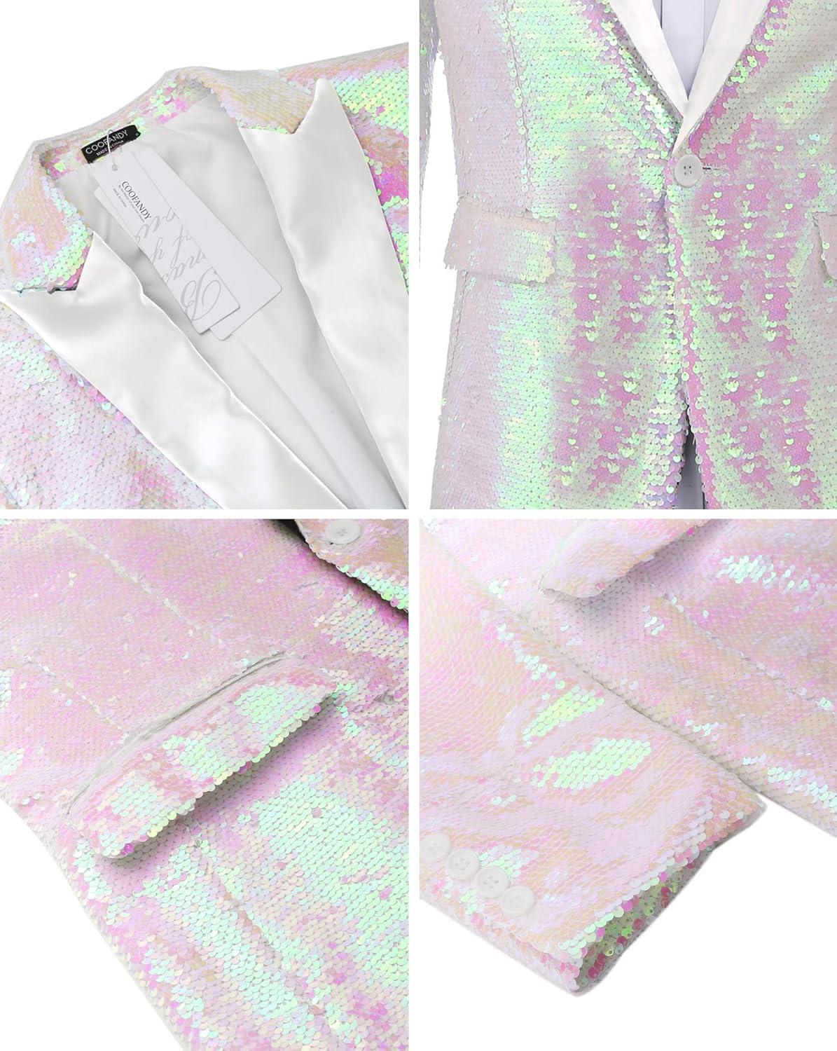 imageCOOFANDY Mens Sequin Blazer Tuxedo Party Prom Wedding Tuxedo One Button JacketPinkwhite