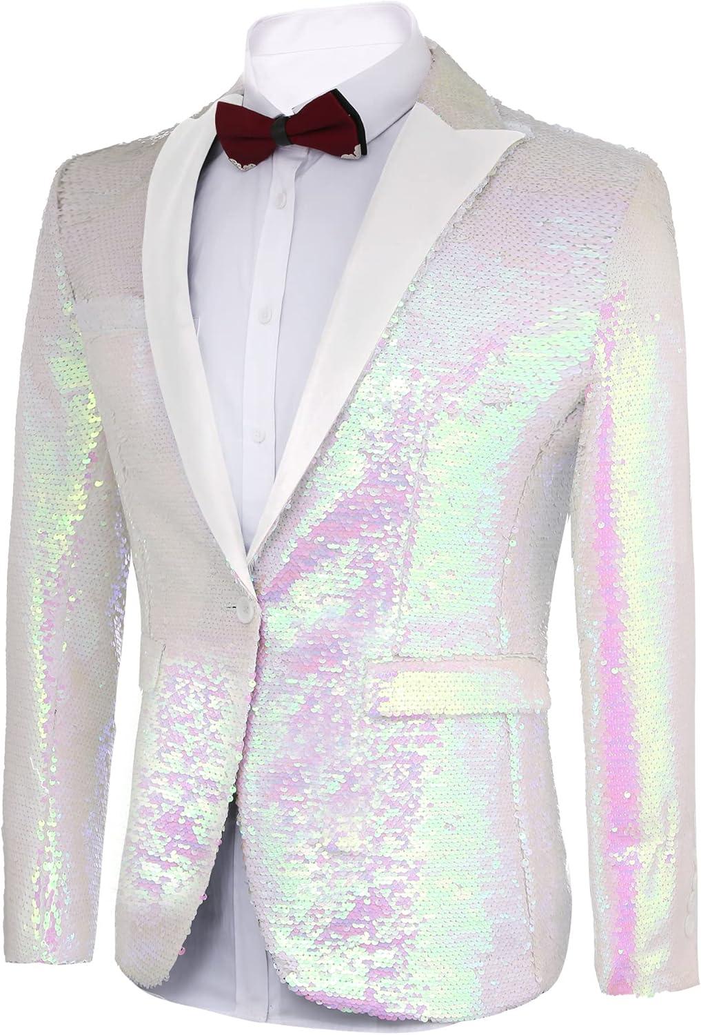 imageCOOFANDY Mens Sequin Blazer Tuxedo Party Prom Wedding Tuxedo One Button JacketPinkwhite