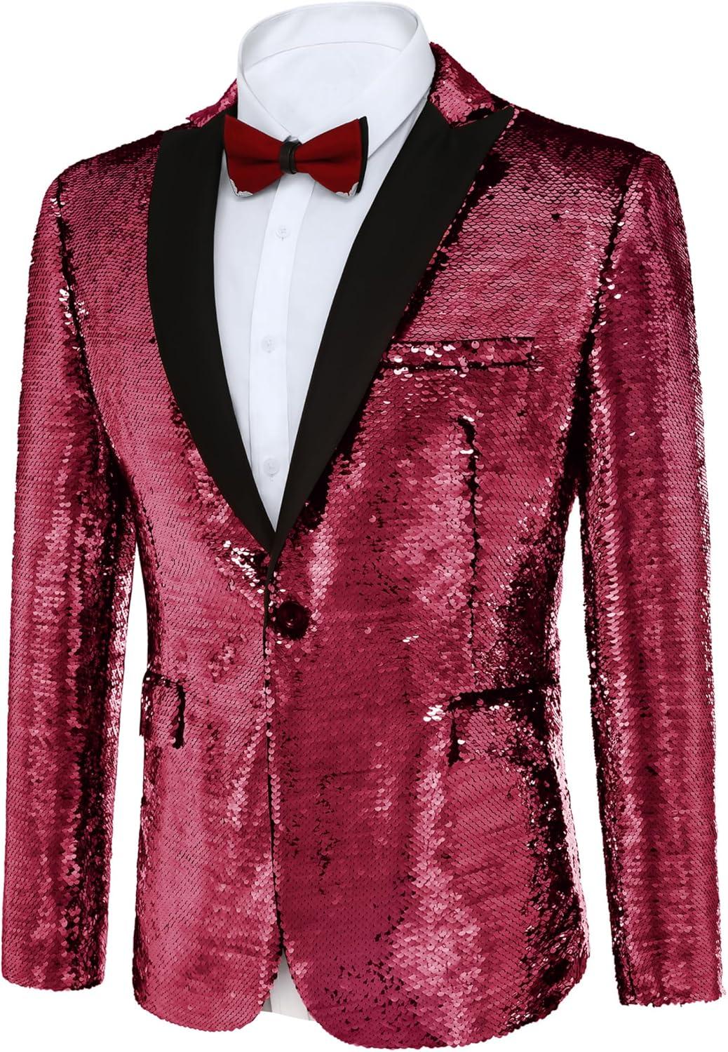 imageCOOFANDY Mens Sequin Blazer Tuxedo Party Prom Wedding Tuxedo One Button JacketRose Pink