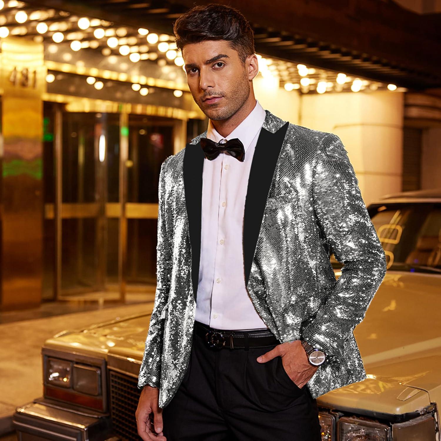 imageCOOFANDY Mens Sequin Blazer Tuxedo Party Prom Wedding Tuxedo One Button JacketSilver Grey