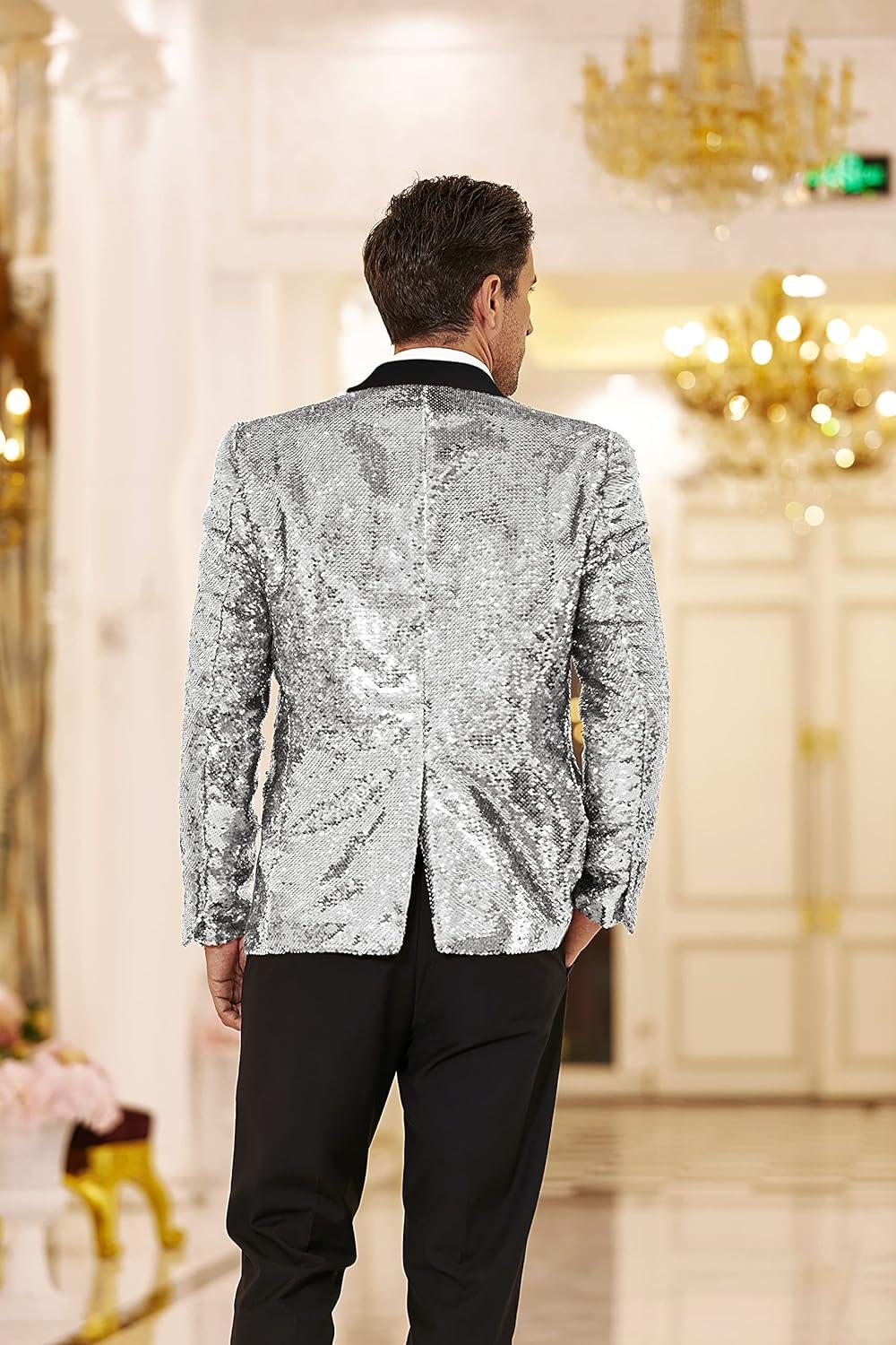 imageCOOFANDY Mens Sequin Blazer Tuxedo Party Prom Wedding Tuxedo One Button JacketSilver Grey