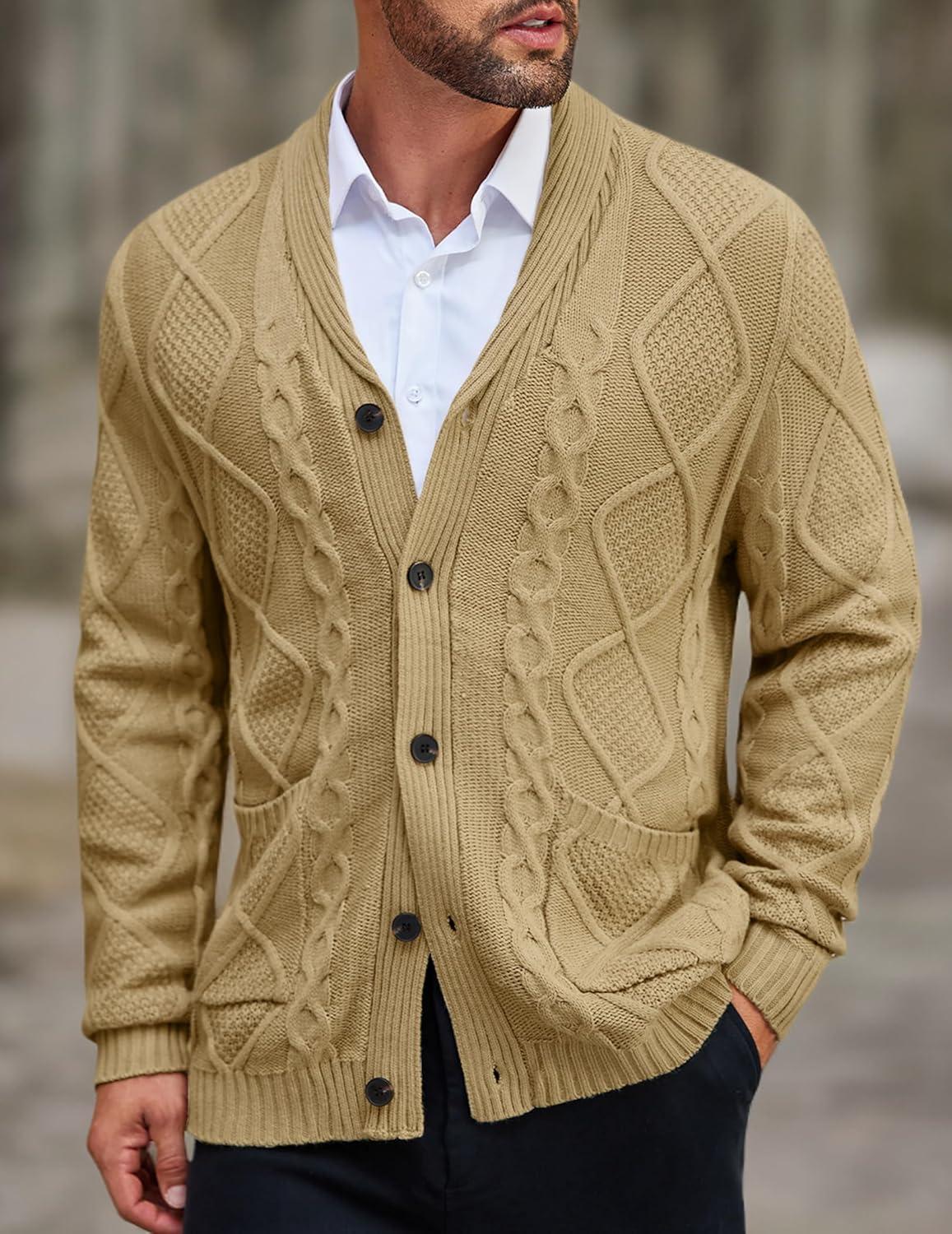 imageCOOFANDY Mens Shawl Collar Cardigan Sweater Slim Fit Button Down Cable Knitted Sweater with PocketsKhaki
